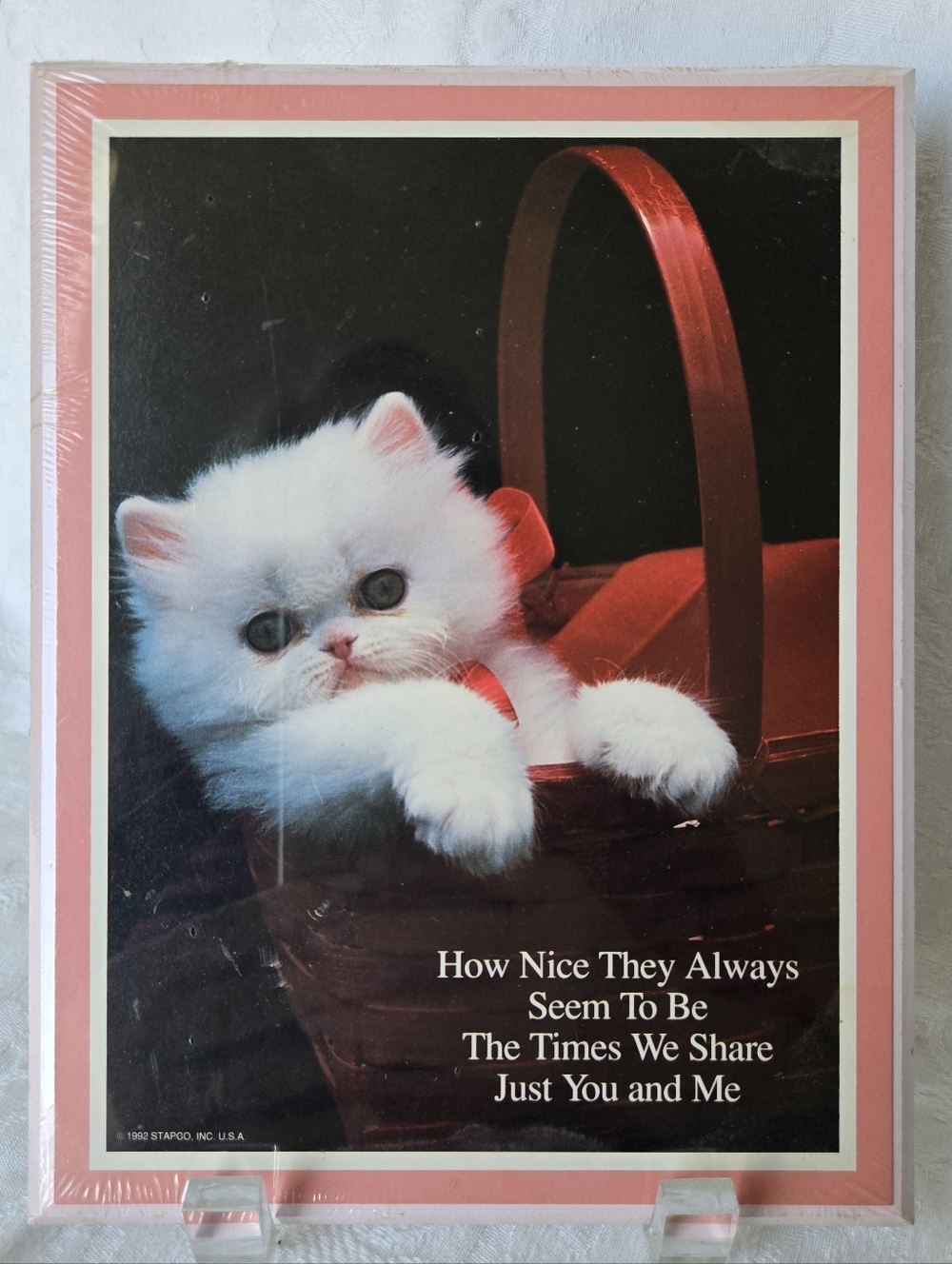Vintage White Kitten in Red Basket Art Print